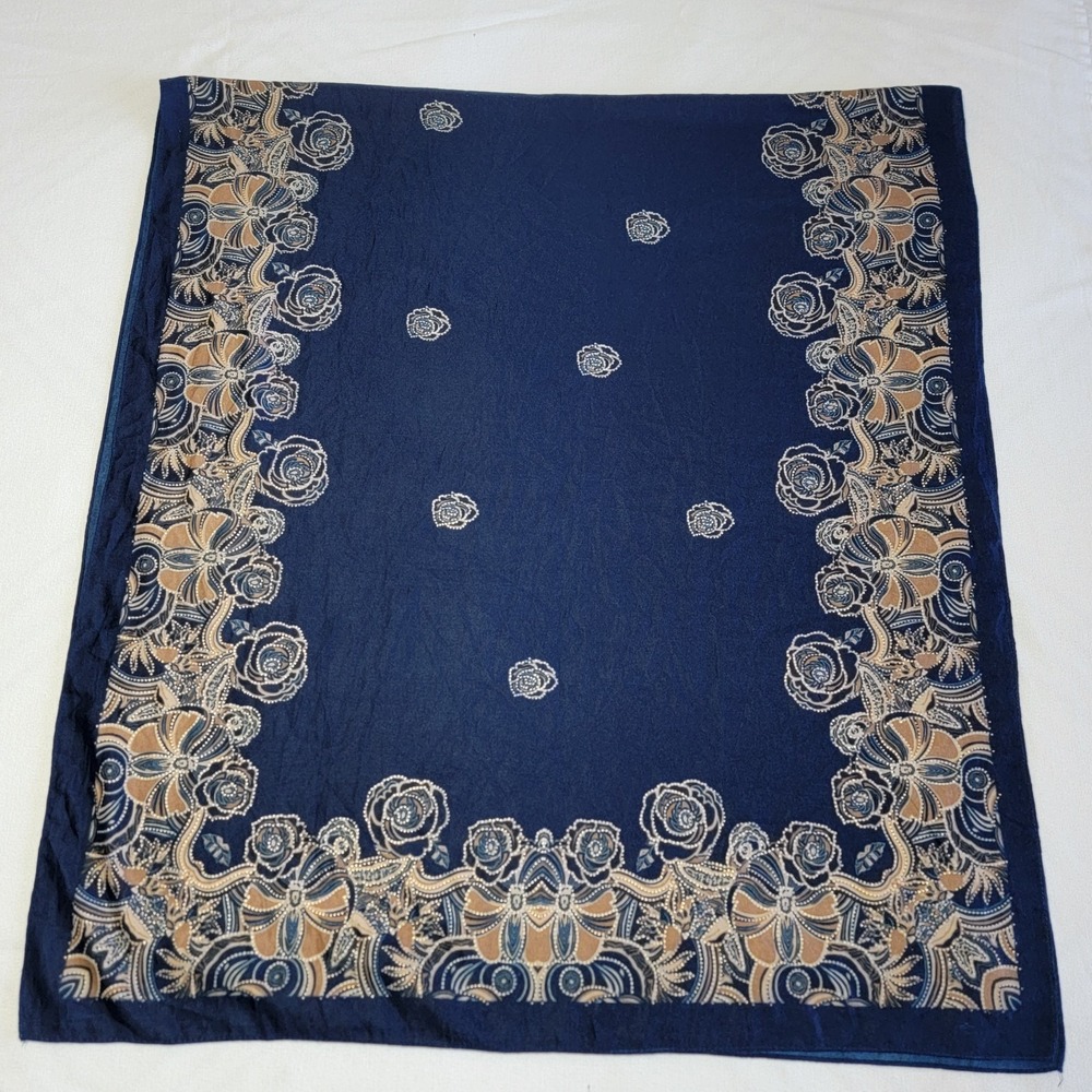 Vintage Navy Blue Large XL Scarf 72"/32" Brown Gold Roses Soft Fabric Romantic - Picture 4 of 8